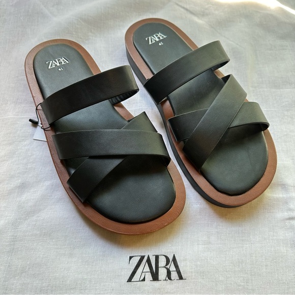 New Zara Minimal Flat Black Criss Cross Straps Sandals 3603/910 Size 10 - Picture 2 of 8